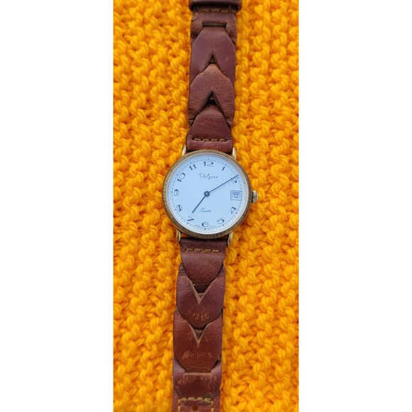 Vintage Valgines Quartz Watch Swiss Made Unisex Gold Bezel Braided Leather Strap - Picture 9 of 10